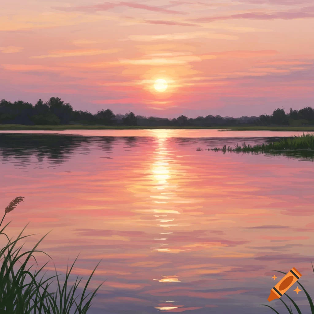 A lake at sunset with pink and orange reflections and foreground reeds.