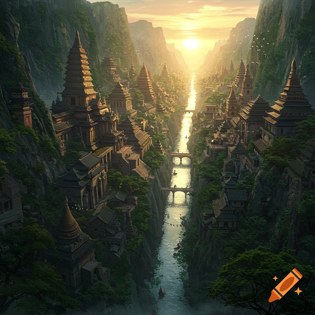 An ancient city built along a river in a deep valley at sunset.