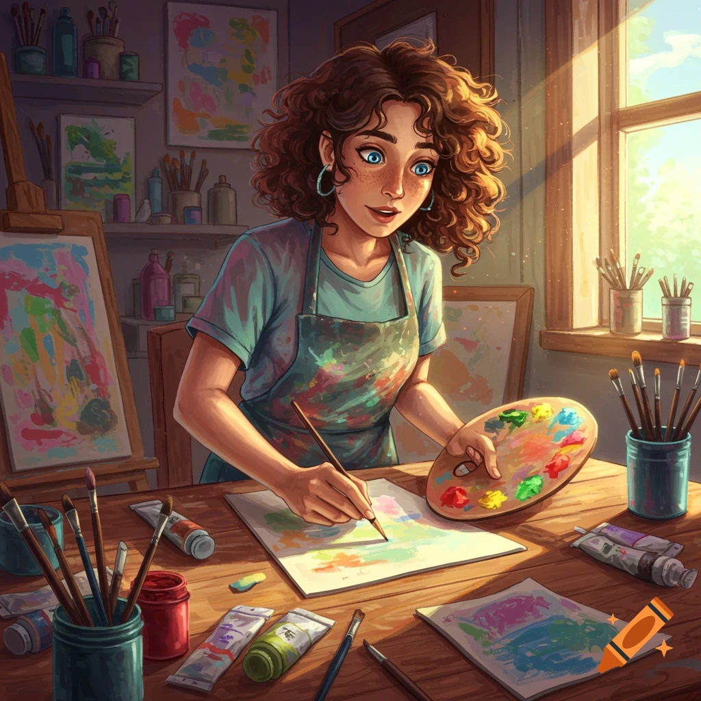 A young woman paints on paper in a brightly lit art studio surrounded by brushes, paints, and easels.