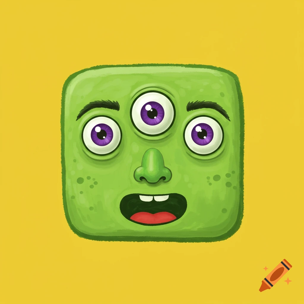 A square green cartoon monster face with three purple eyes and an open mouth on a yellow background.