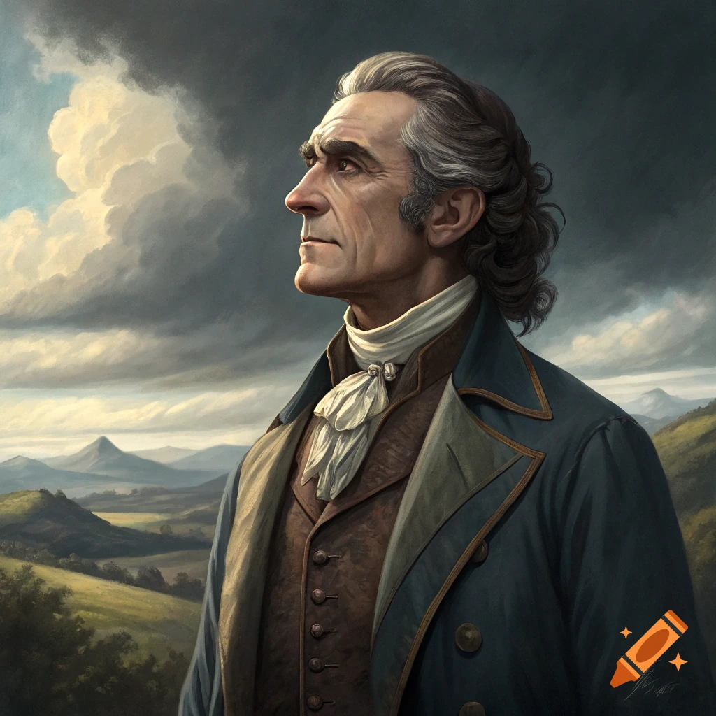 Painted portrait of a man in historical clothing looking up at a cloudy sky over a landscape.