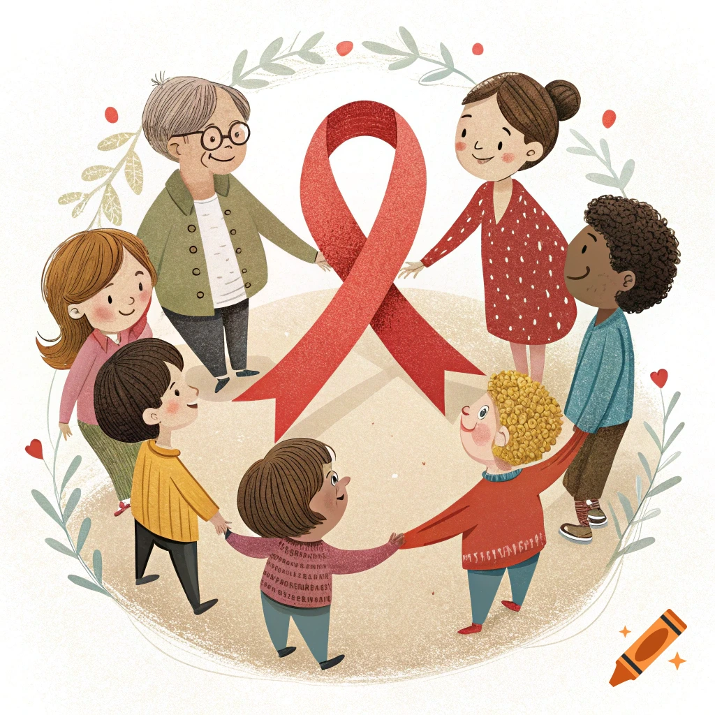 Illustration of diverse people holding hands around a red ribbon.