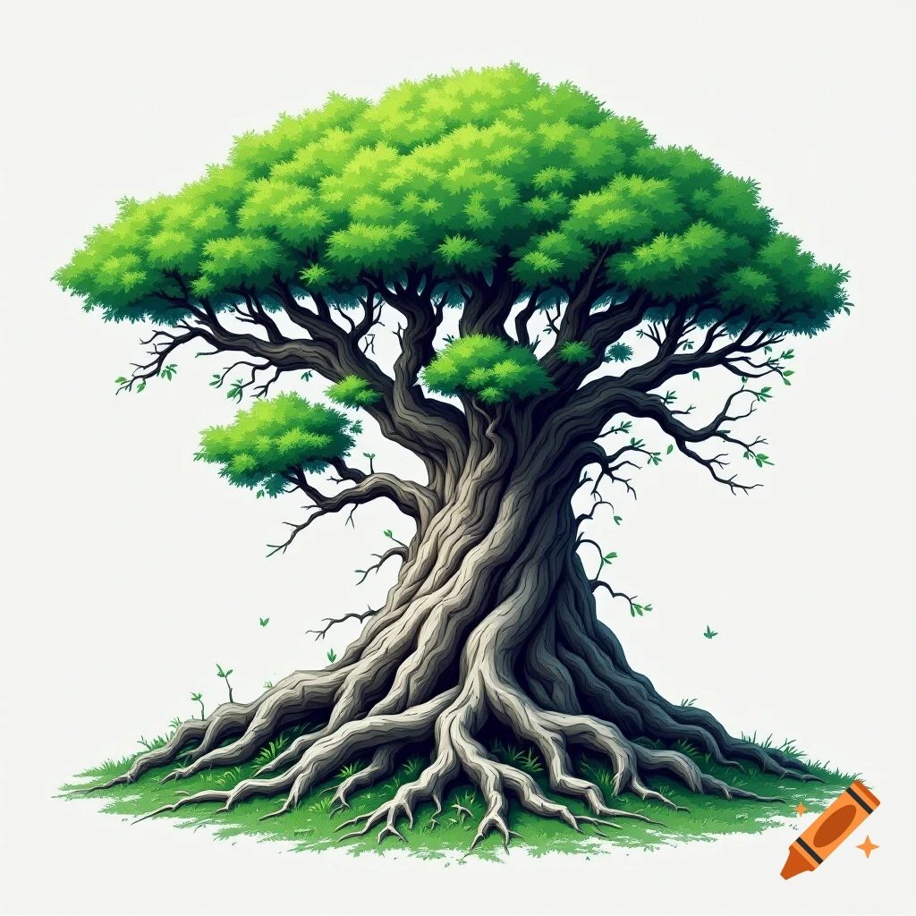 Stylized illustration of a large tree with prominent roots and lush green leaves.
