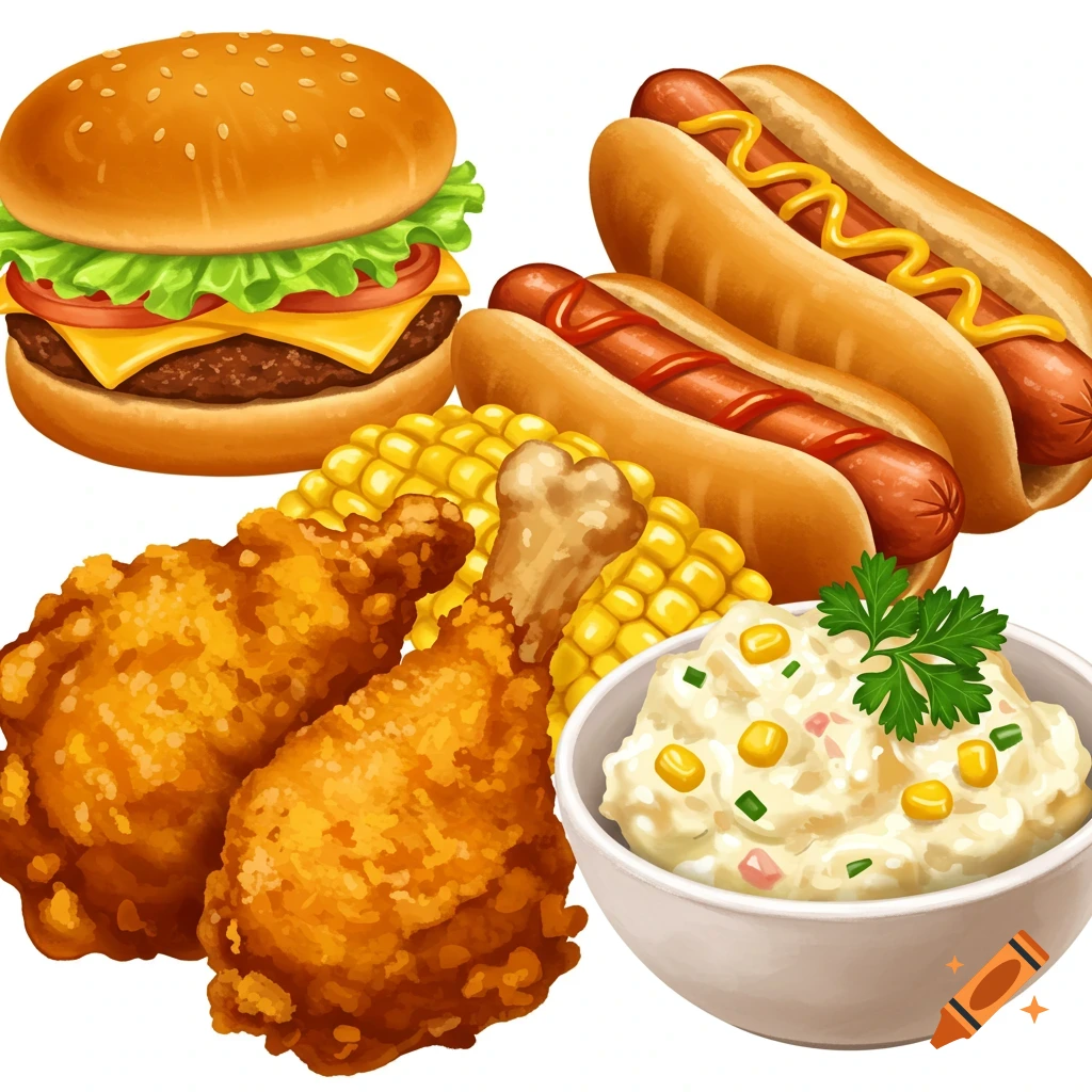 Burger, hot dogs, fried chicken, corn, and potato salad.