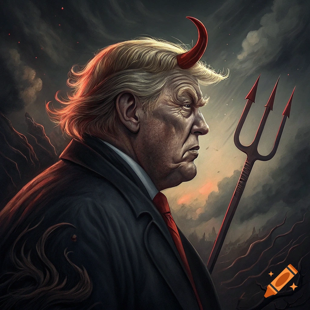 Caricature of a man resembling Donald Trump with devil horns and a trident against a stormy background.