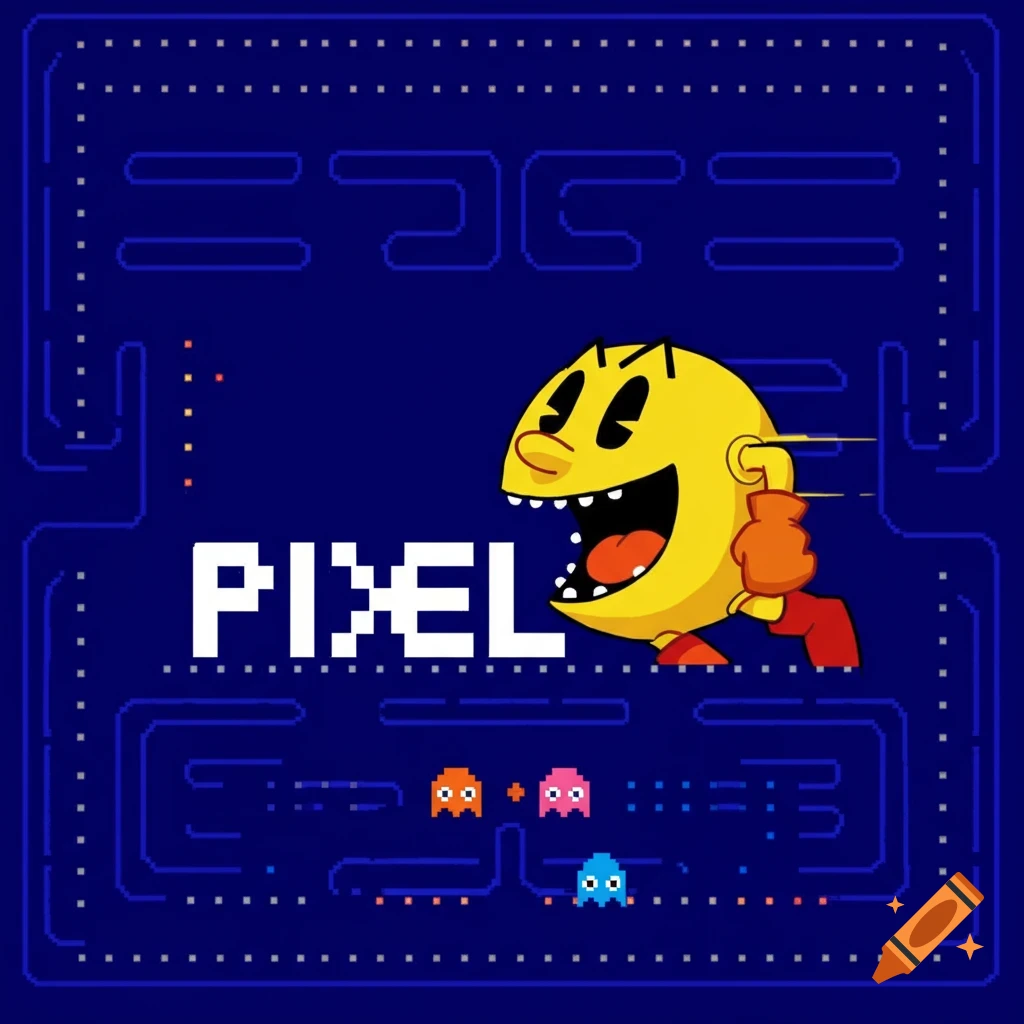 Pac-Man chasing ghosts in a maze with the word PIXEL in pixel art style