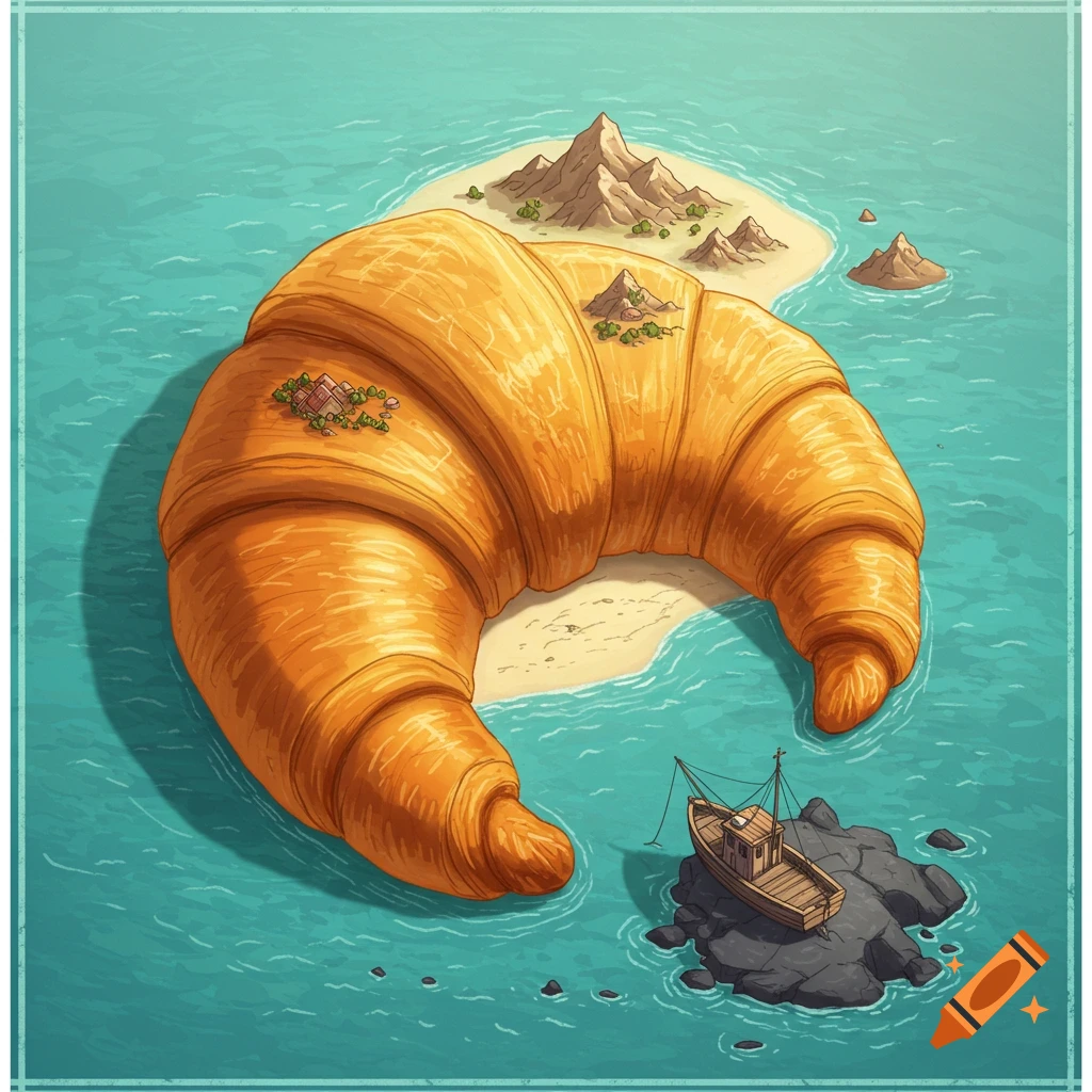 A croissant-shaped island with a boat in the water.
