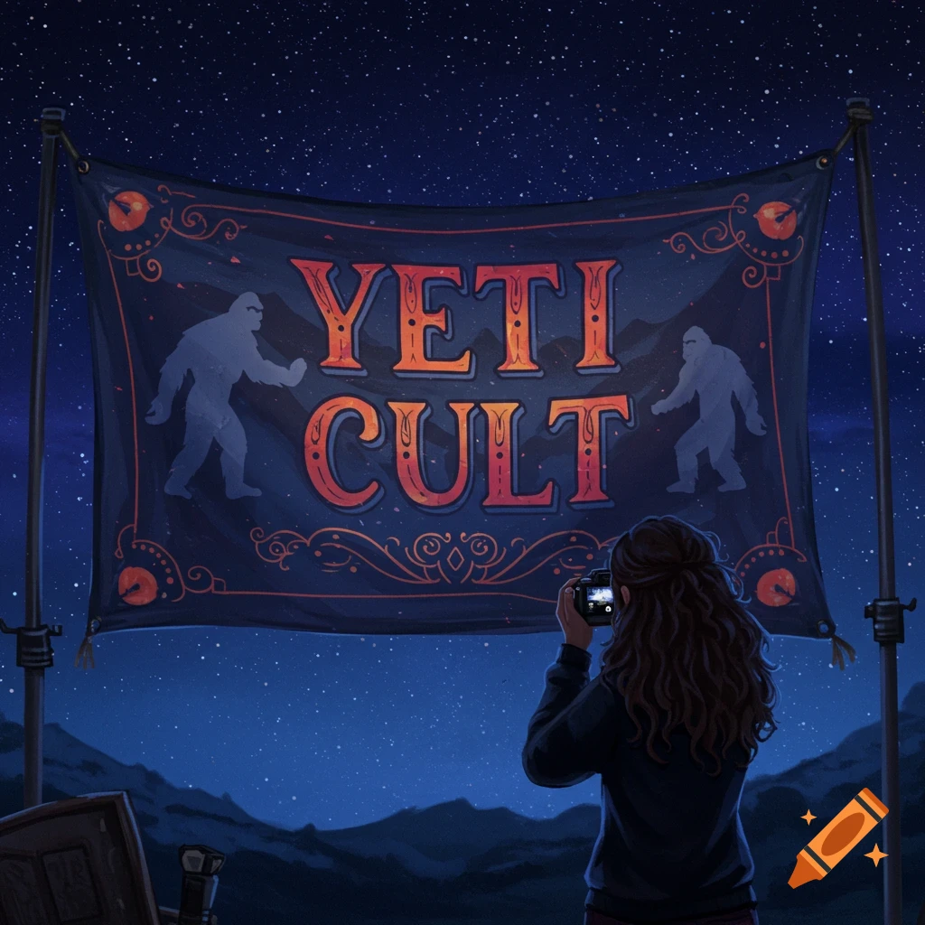 A person taking a photo of a 'YETI CULT' banner under a starry night sky in the mountains.