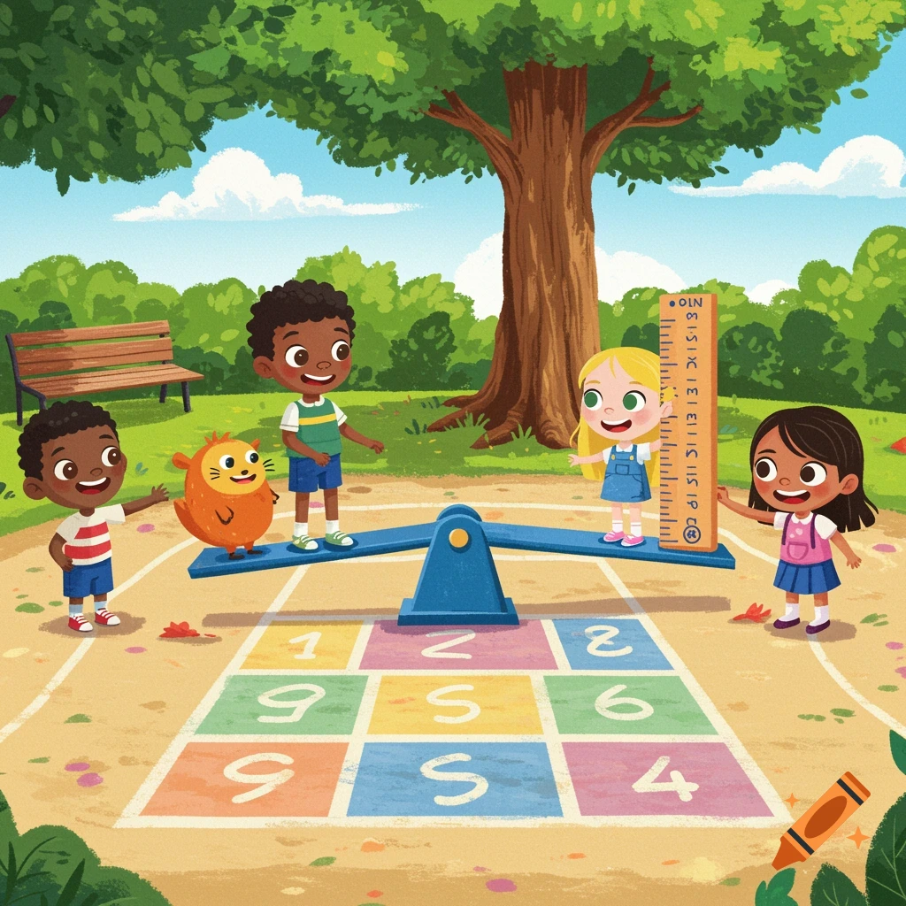 Cartoon illustration of diverse children playing on a hopscotch court and seesaw in a park.