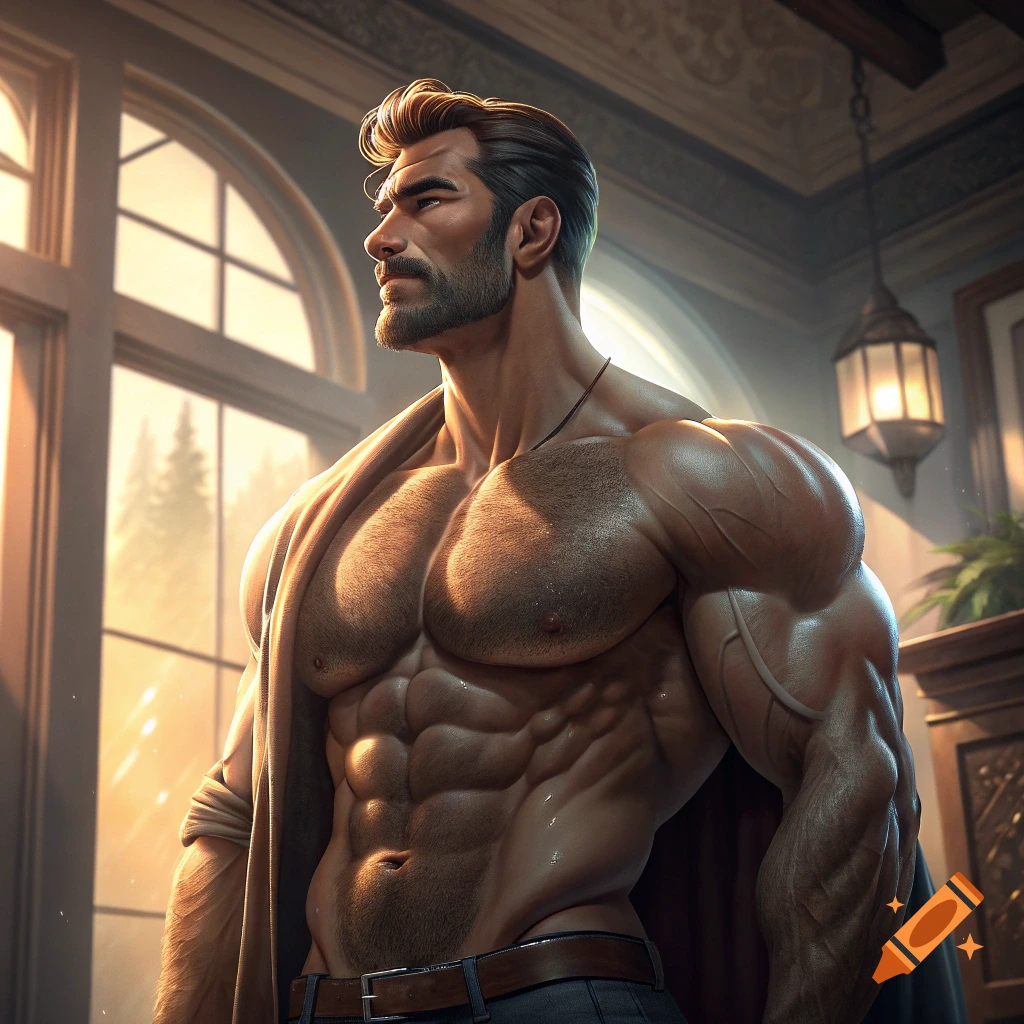 A very muscular man stands near a sunlit window, looking to the side.