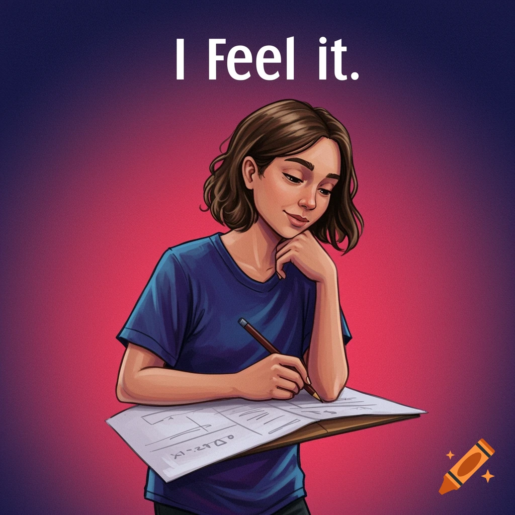 A woman is studying or writing with a pencil on paper.