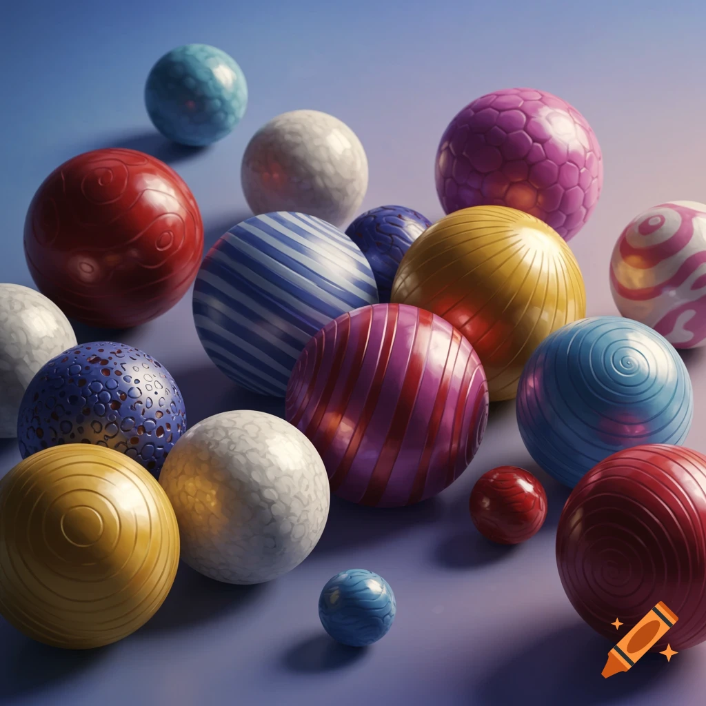 A collection of colorful balls with various textures and patterns on a blue and purple background, hyperrealistic style.