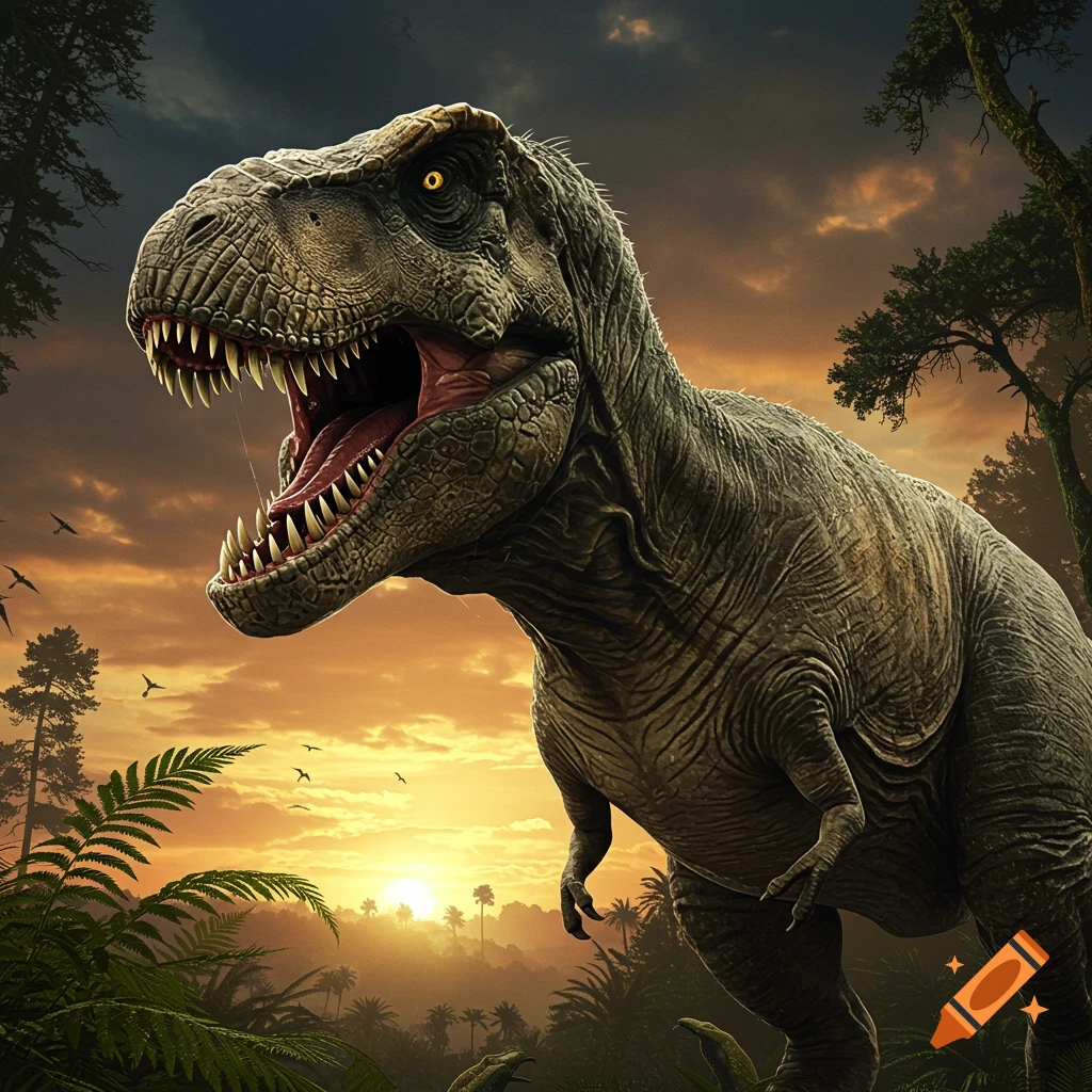 A Tyrannosaurus rex in a jungle at sunset