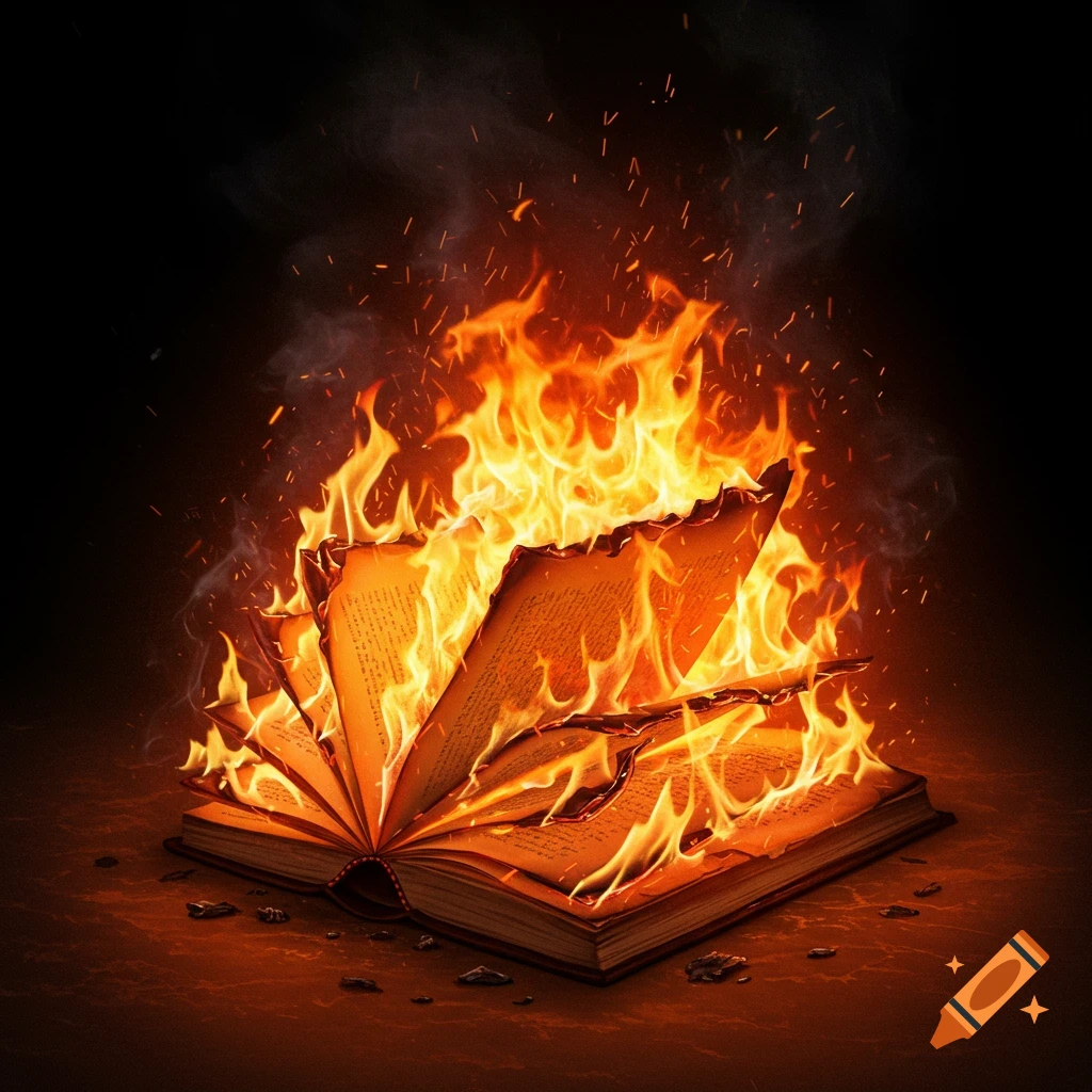 A book burning with flames and smoke