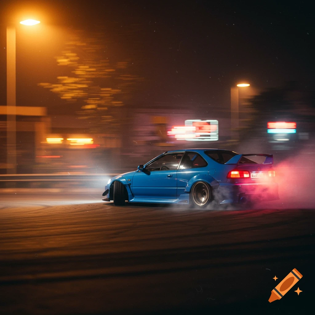 Blue JDM car drifting at night with smoke, motion blur