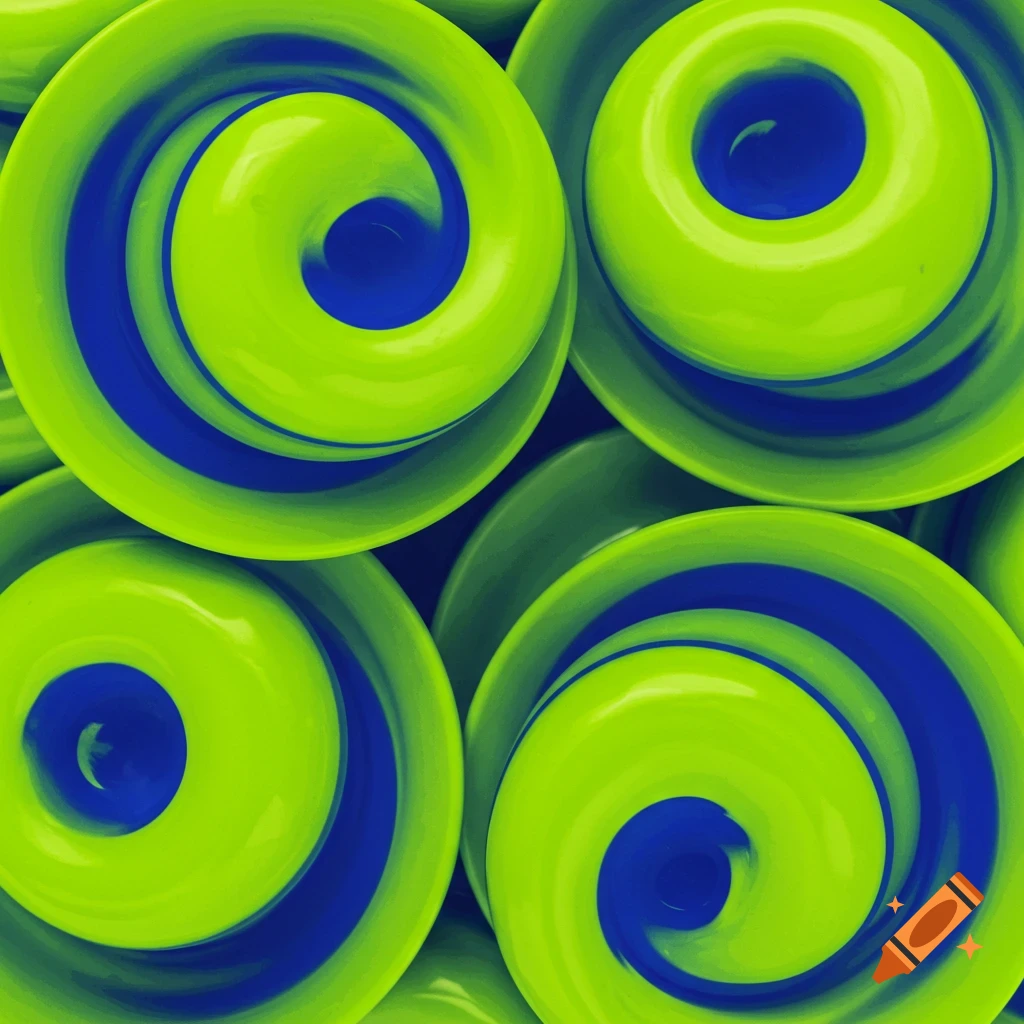 Abstract swirling shapes in lime green and royal blue.