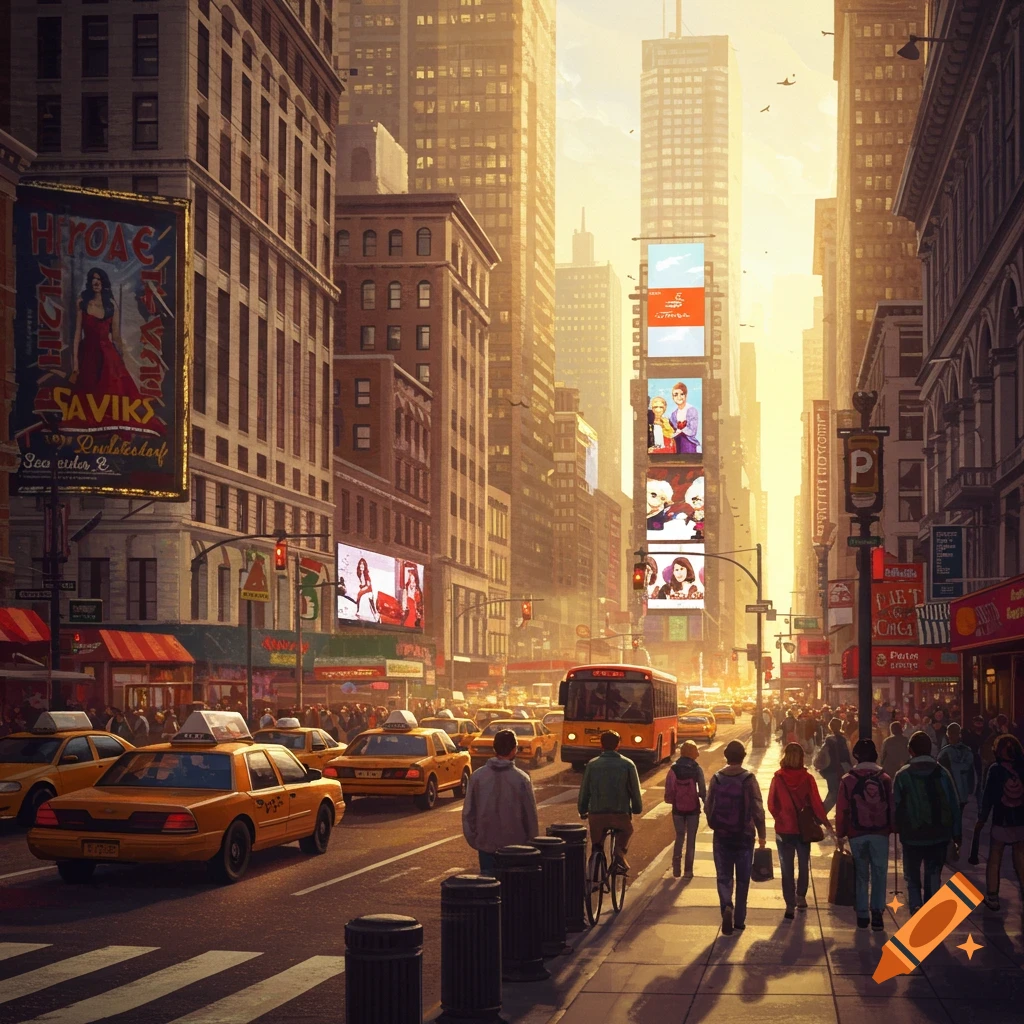 A bustling city street scene with yellow taxis, pedestrians, tall buildings, and large billboards under a warm sky.