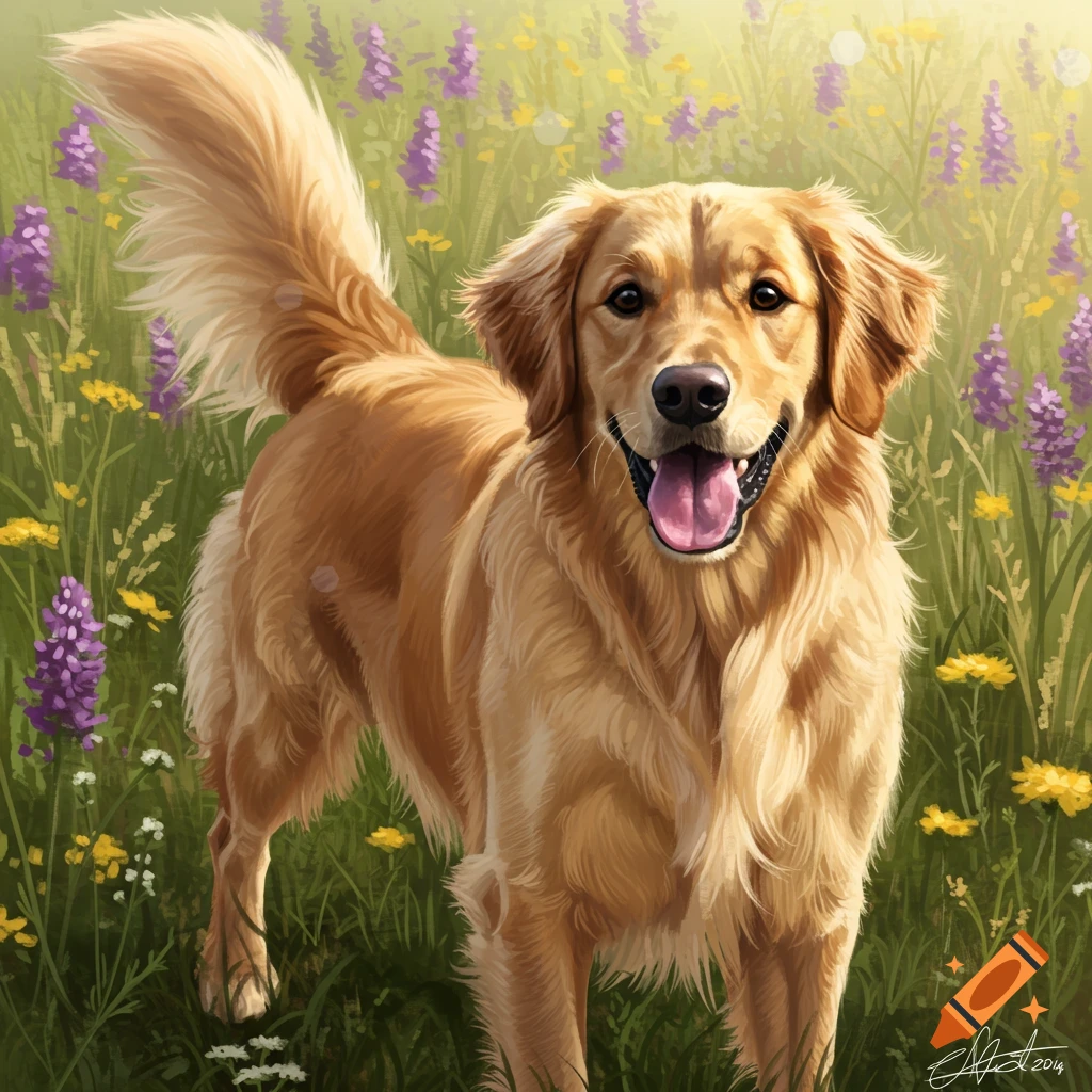 A golden retriever stands smiling in a field of purple and yellow flowers.