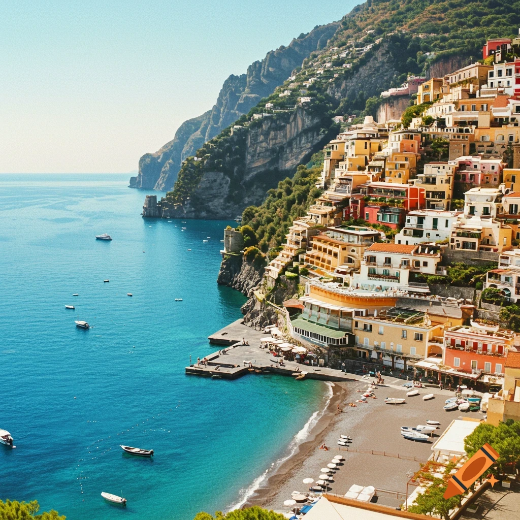 Colorful buildings cascade down a steep hillside overlooking a blue sea with boats and a beach.