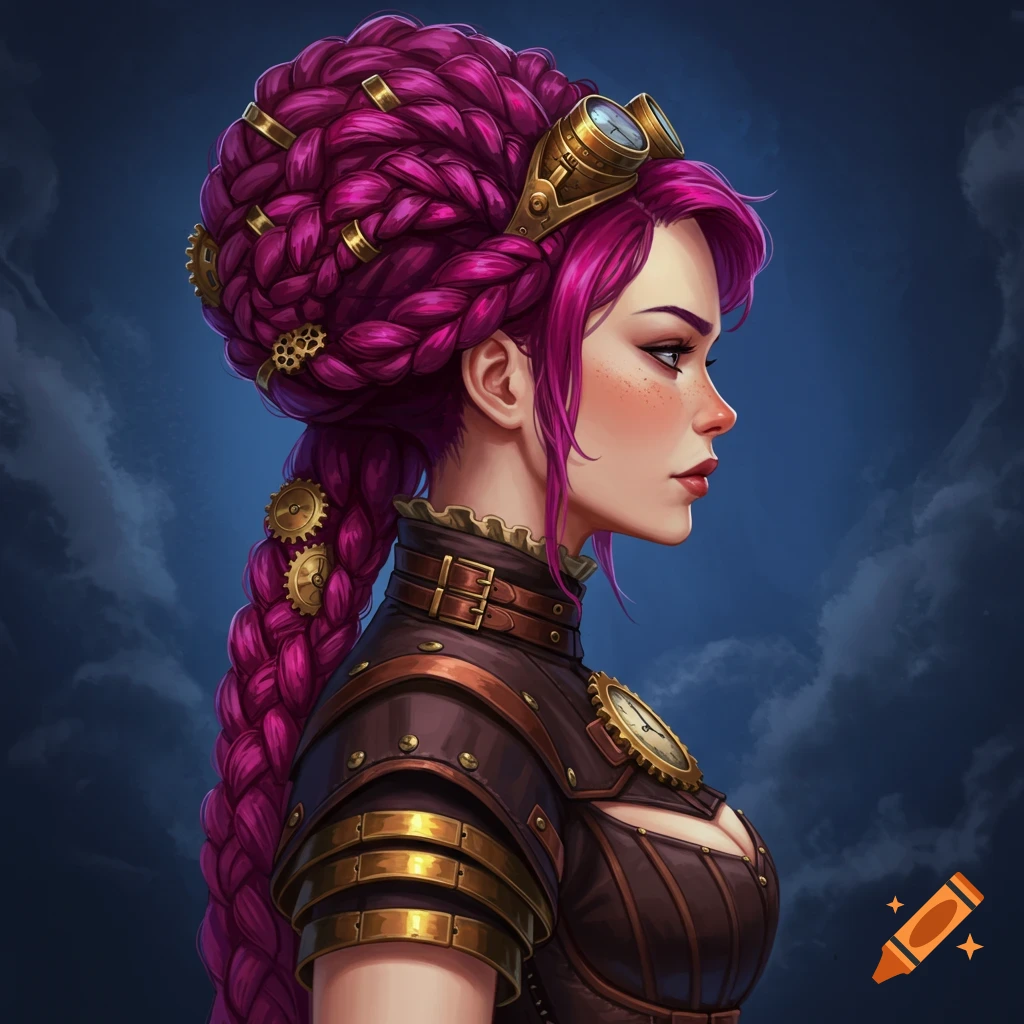 a steampunk woman with pink braided braids and goggles in profile