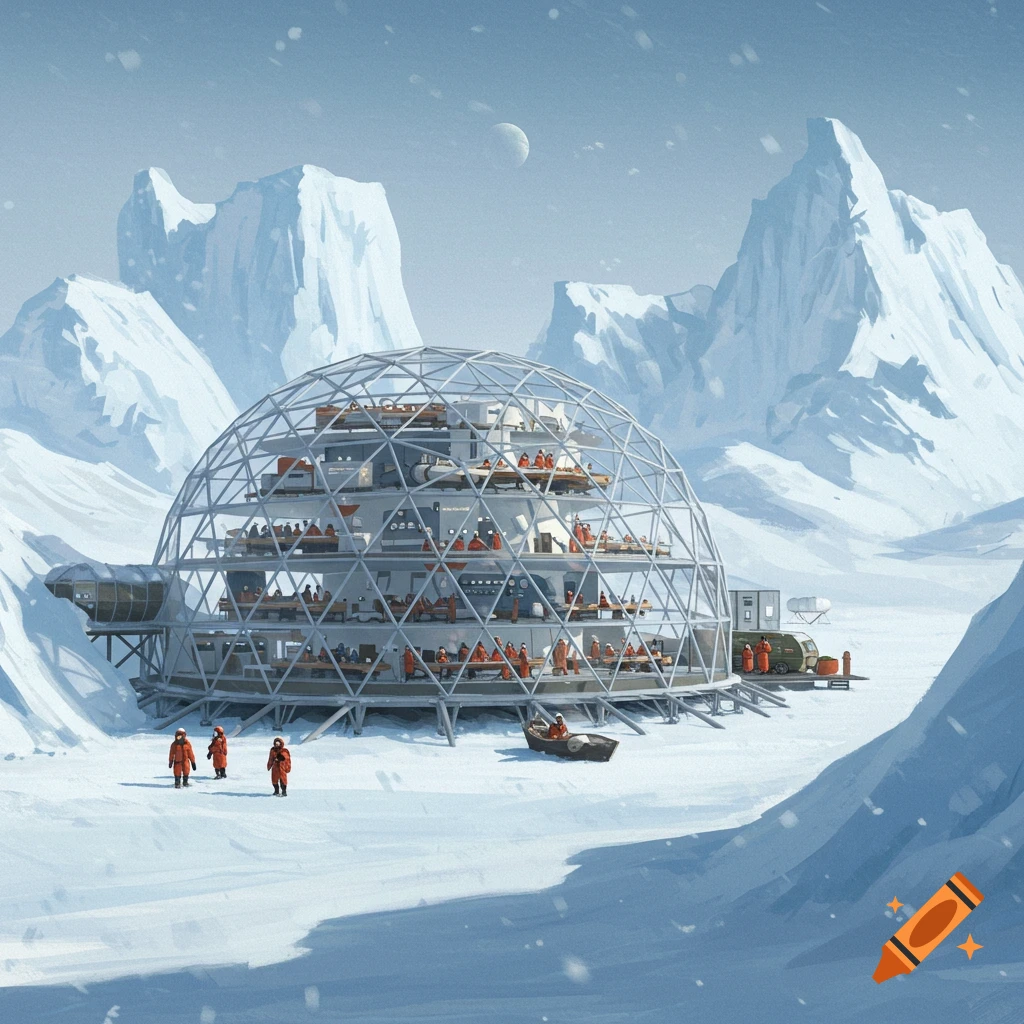 A large geodesic dome building in a snowy landscape with people, mountains, and a moon.