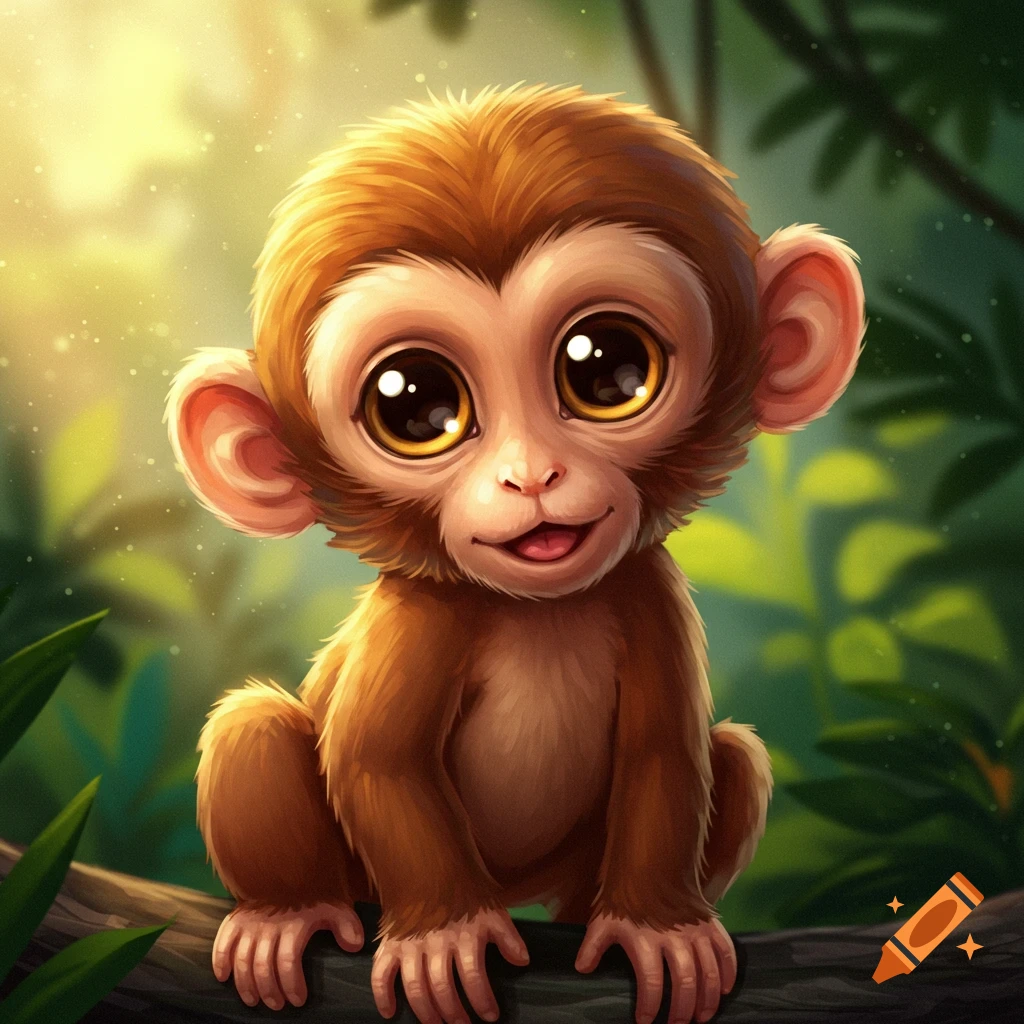 A cute cartoon monkey with big eyes sitting on a tree branch in a jungle.