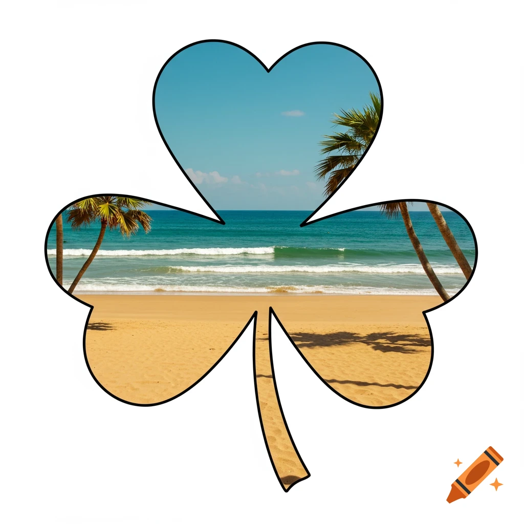 A beach scene with sand, ocean, and palm trees, enclosed within a shamrock shape on a white background.