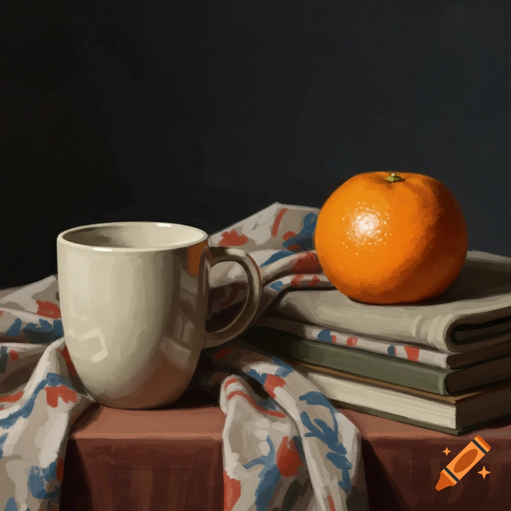 A still life with a mug, orange, and books on a patterned cloth.