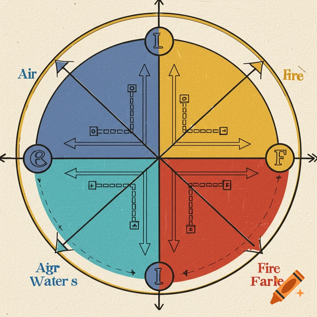 A diagram with four colored quadrants (blue, yellow, teal, red) inside a golden circle, labeled with elements and symbols.