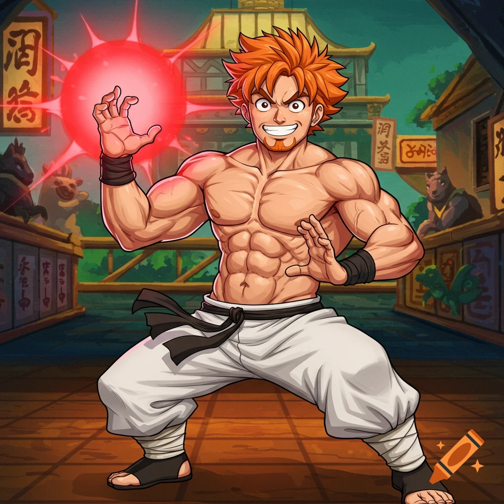 Anime art of a muscular man with orange hair in a martial arts stance, emitting a red energy orb against a temple background.