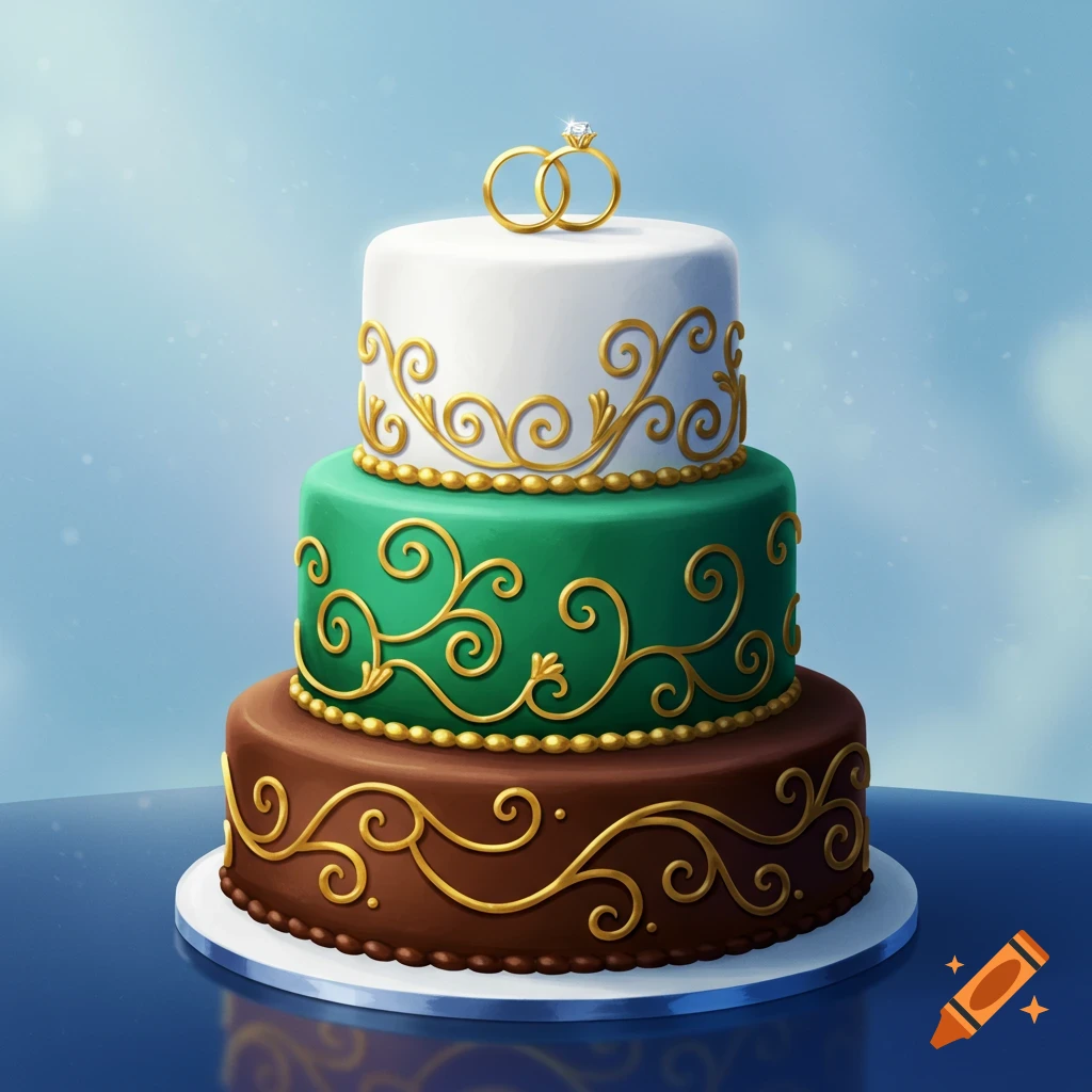 A three-tiered wedding cake with white, green, and brown layers, decorated with gold swirls and topped with two gold rings.