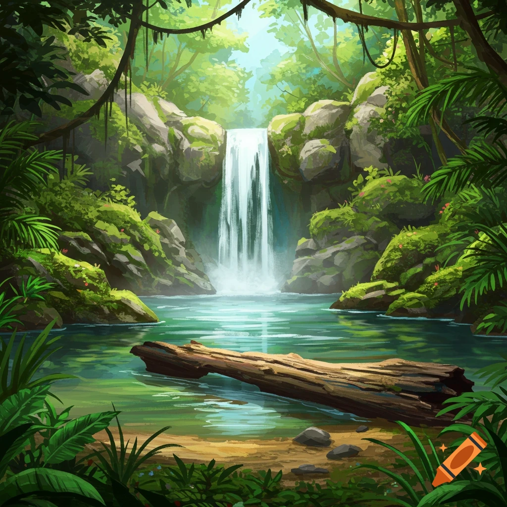 Jungle waterfall with a fallen log in a pool.