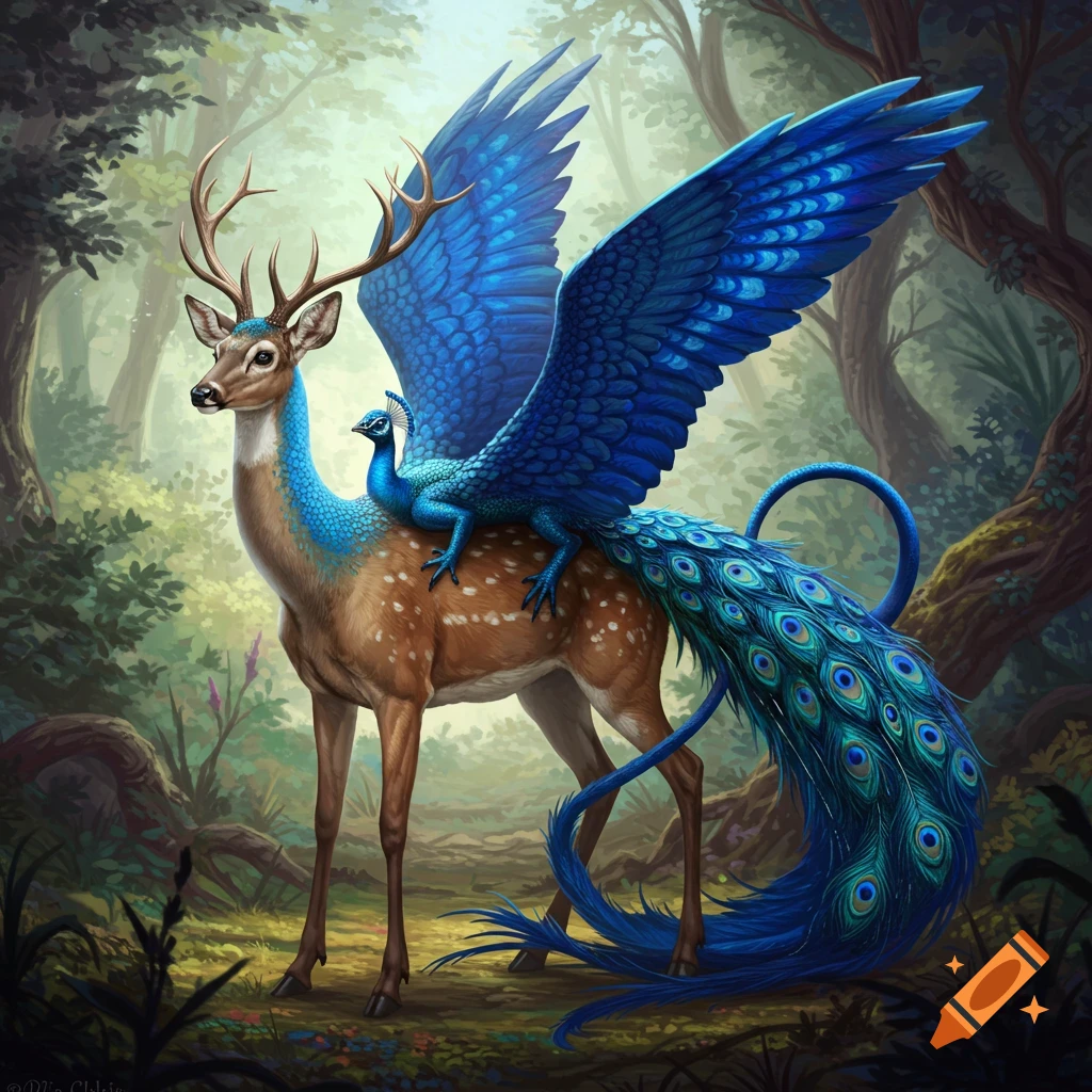 A deer with blue peacock wings and tail stands in a forest.
