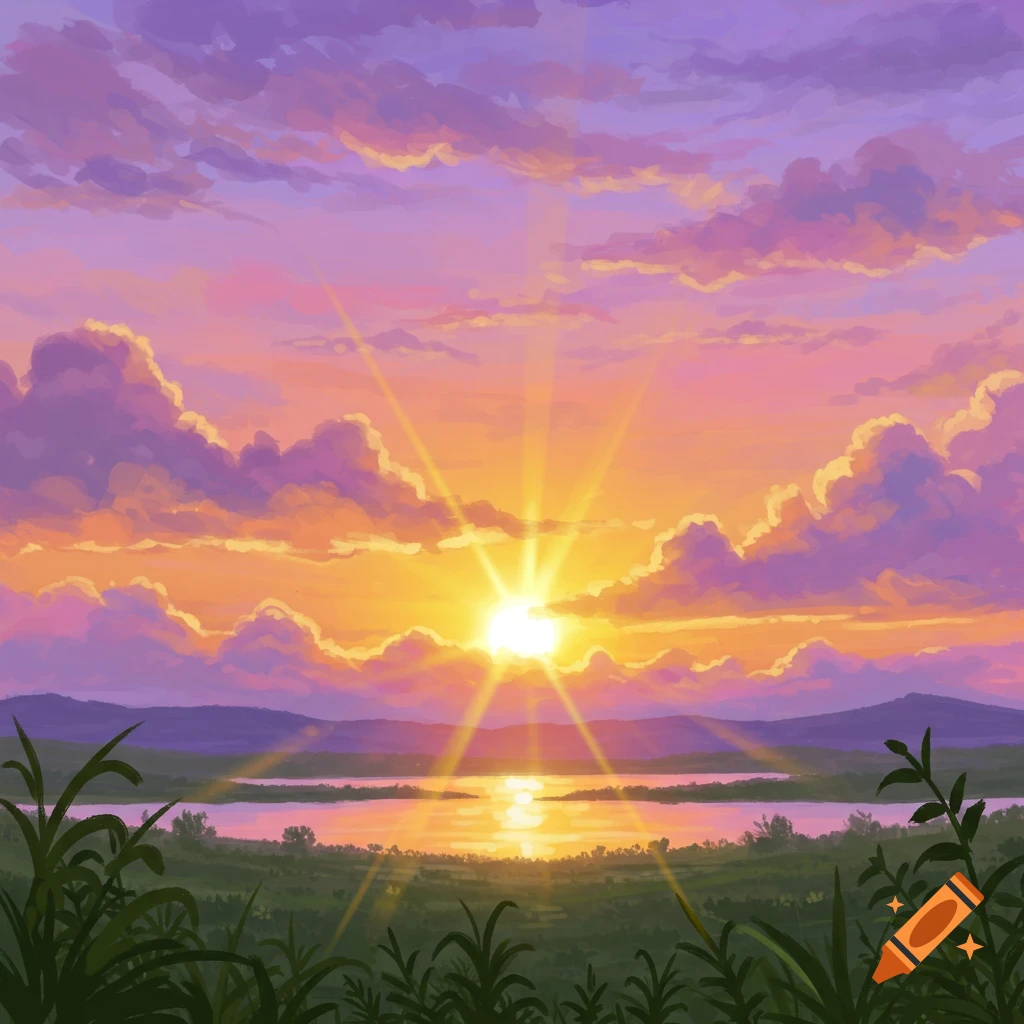 Vibrant sunset over a lake with mountains and plants.