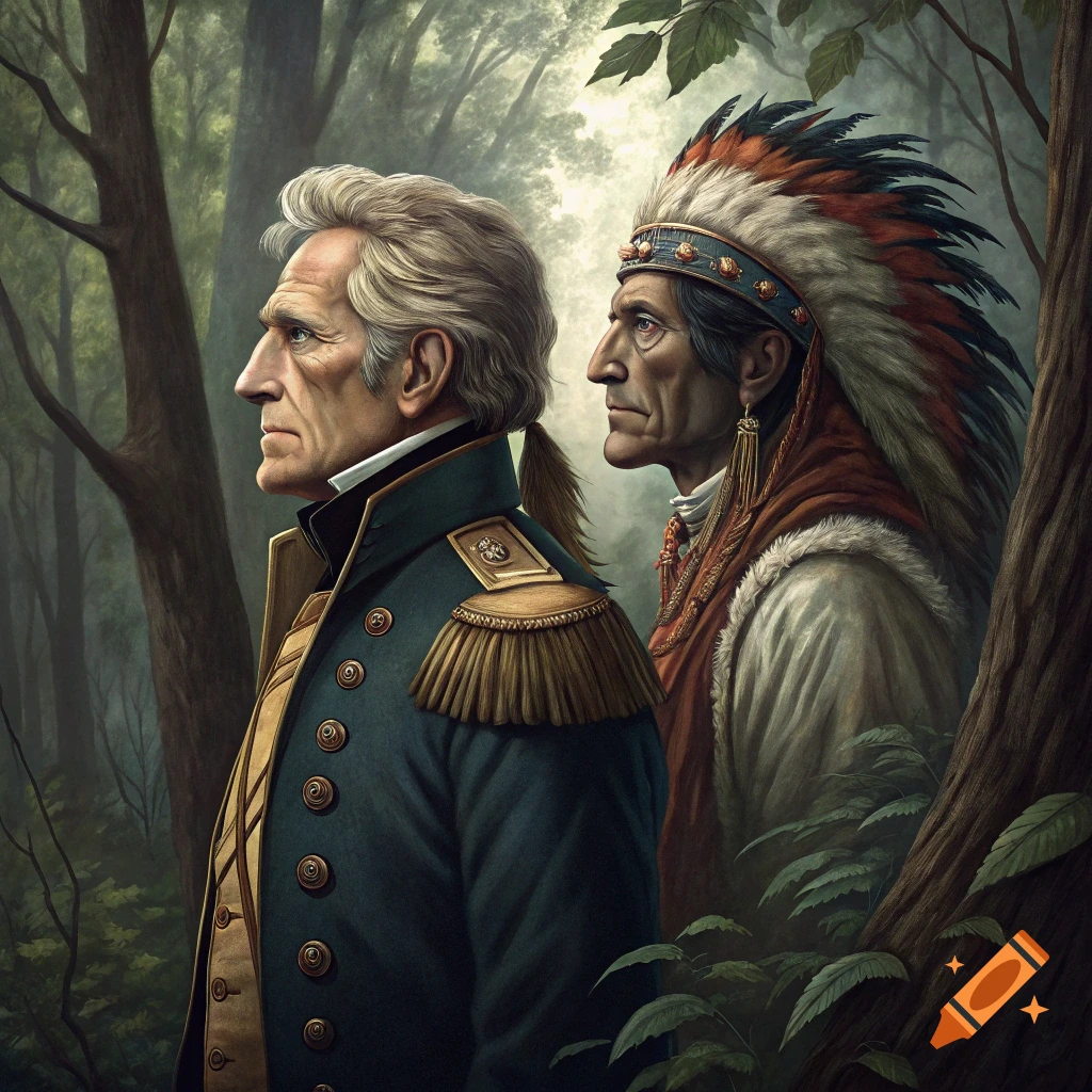 Andrew Jackson and a Native American man stand back to back in a forest, painted style.