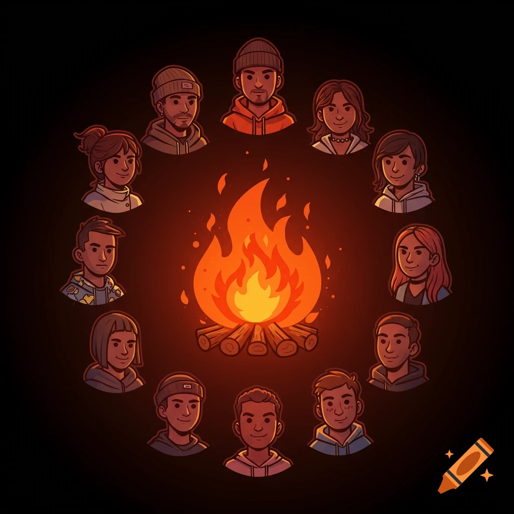 Cartoon illustration of diverse people sitting in a circle around a campfire.
