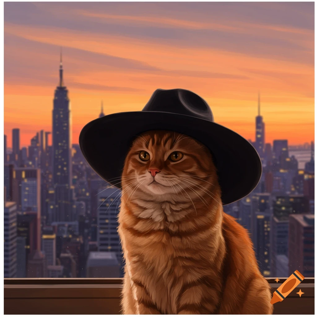 An orange cat wearing a black hat, sitting in front of a city skyline at sunset.