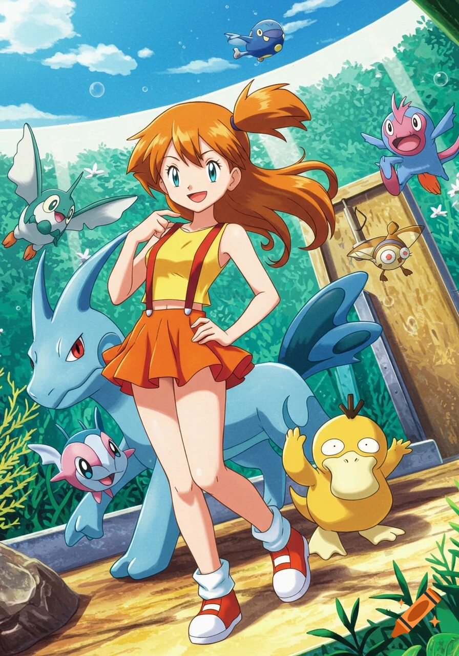 An image of Misty and several Pokemon (Lapras, Psyduck, Wingull, Surskit, Mudkip) outdoors.