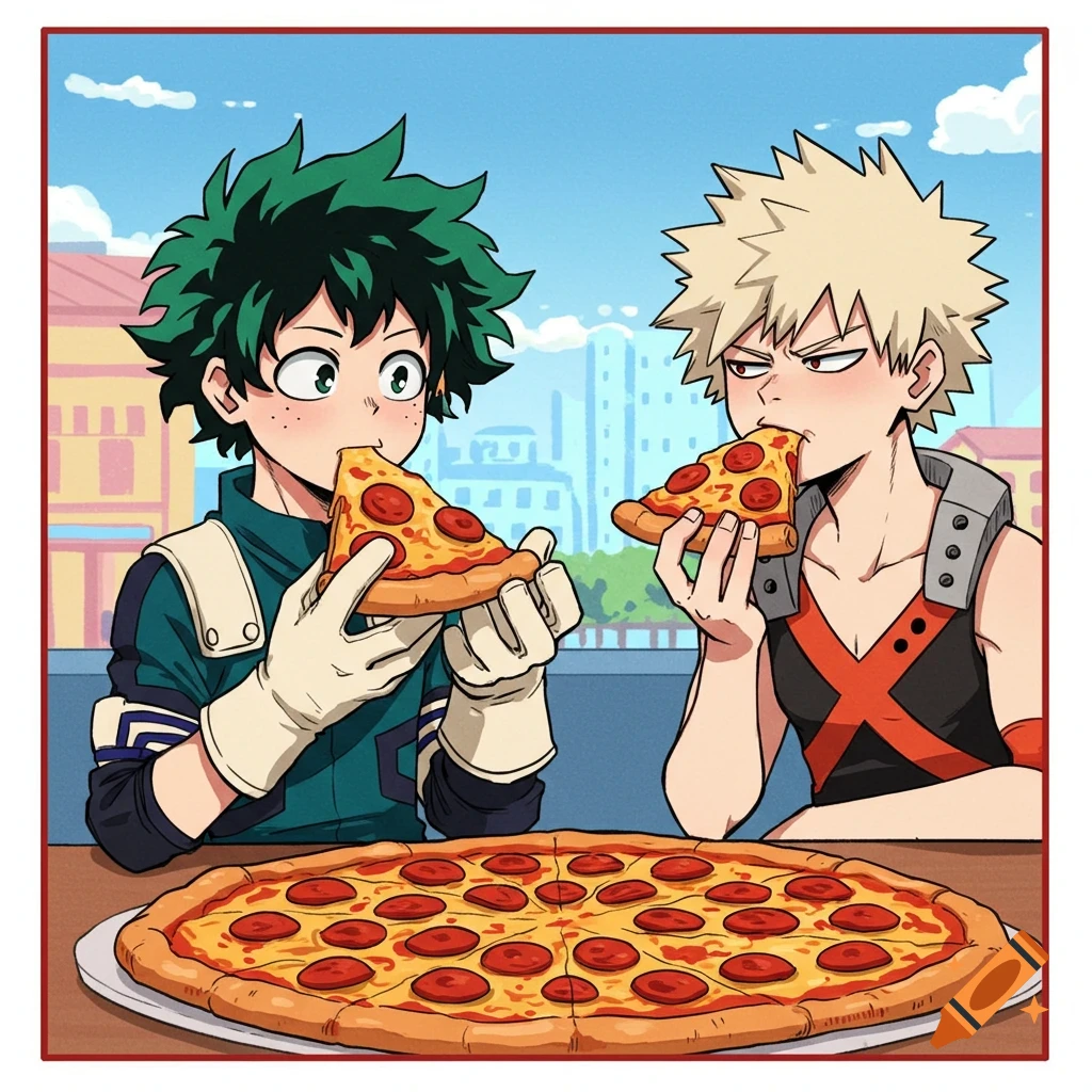 Anime characters Deku and Bakugou eating pizza