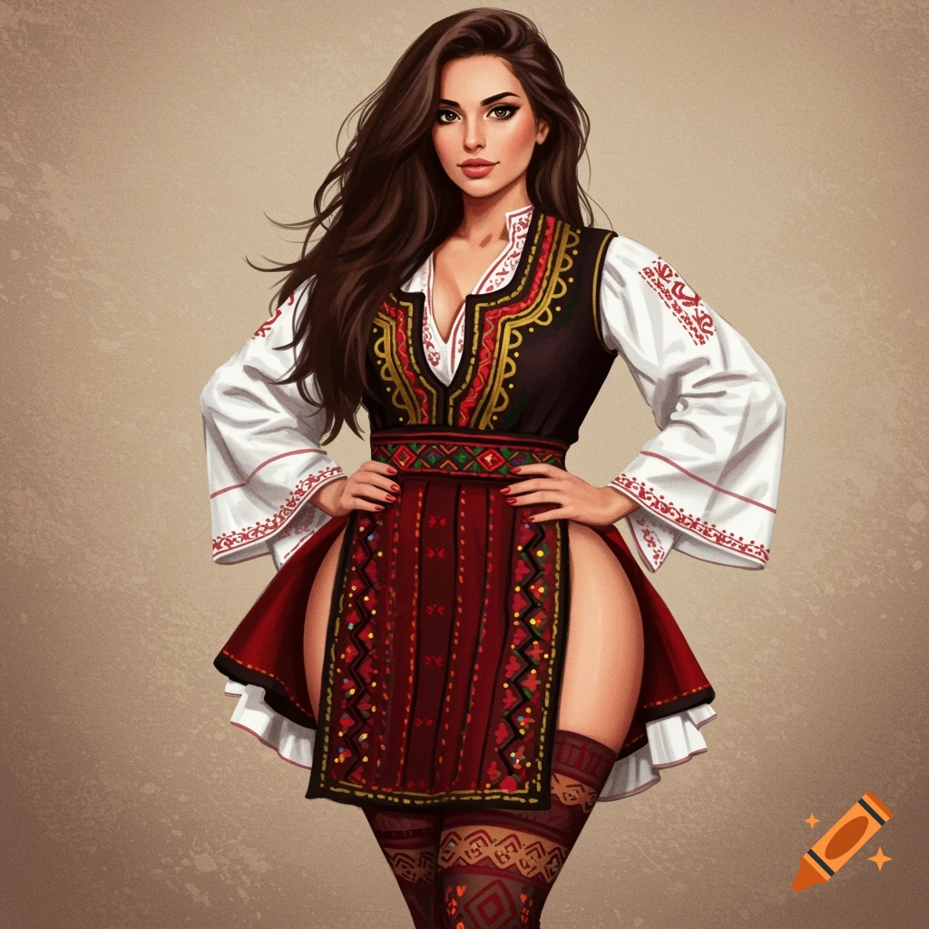 A woman wears a traditional dress with high slits and patterned thigh-high socks.