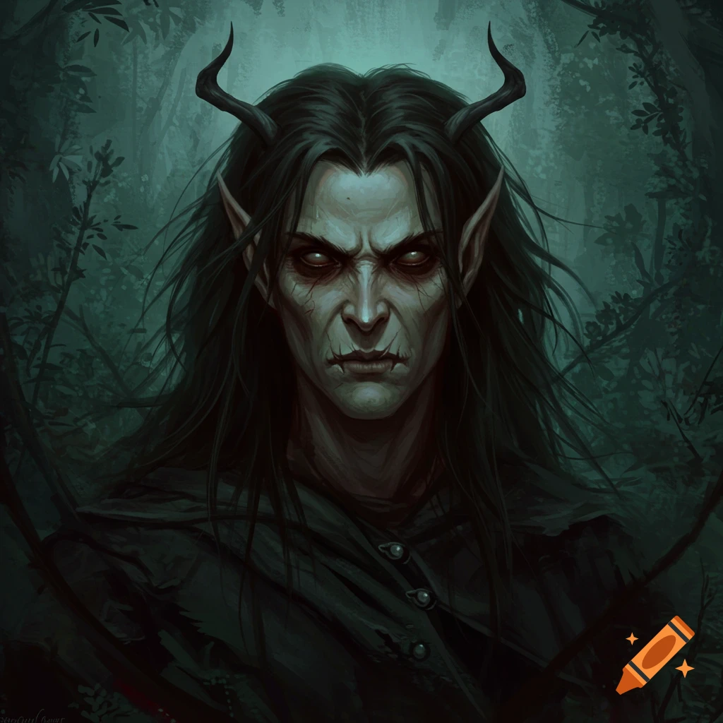A gaunt fantasy creature with horns, pointed ears, and dark eyes, in a dark forest.