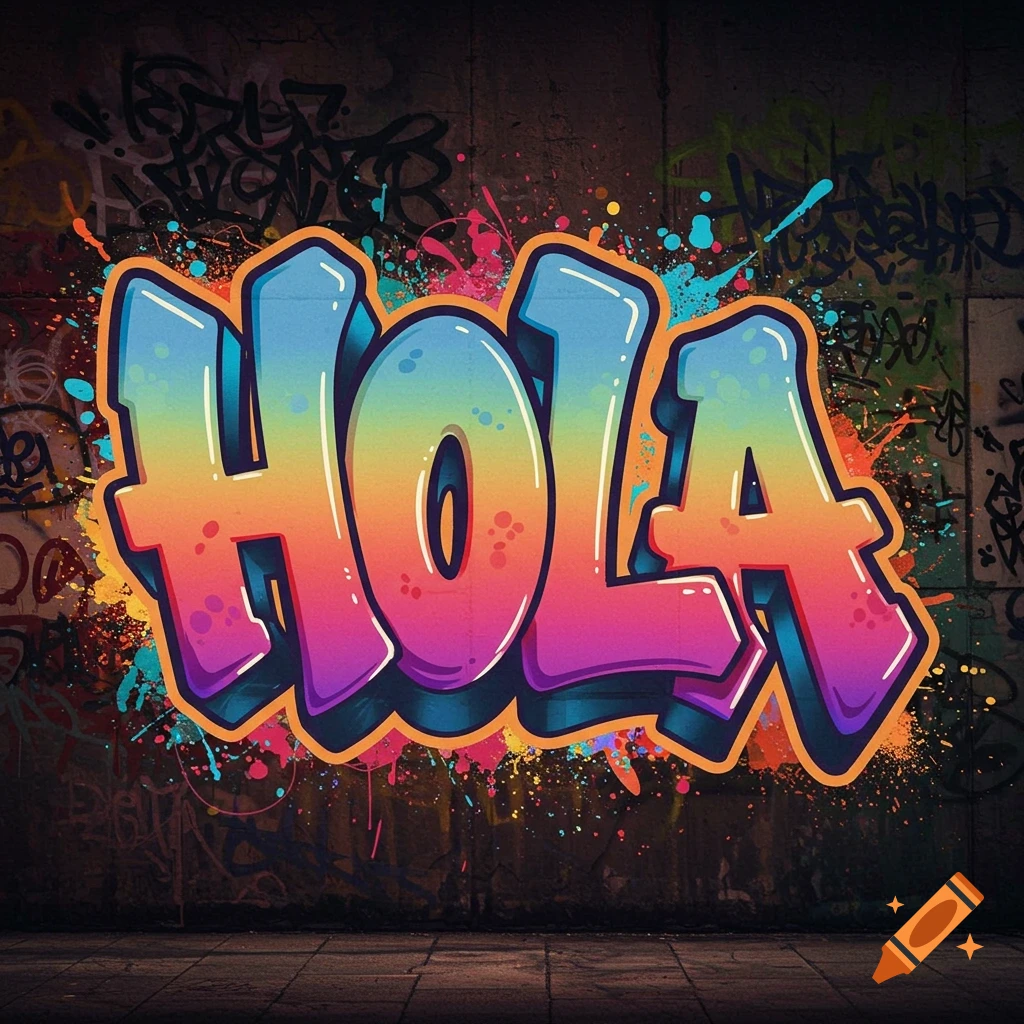 Colorful graffiti spelling HOLA on a dark wall.