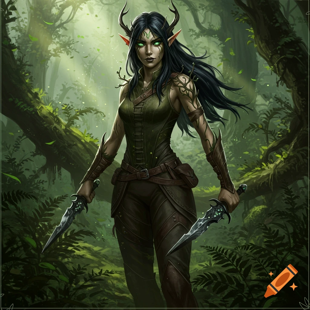 Female wood elf with antlers and daggers standing in a forest.