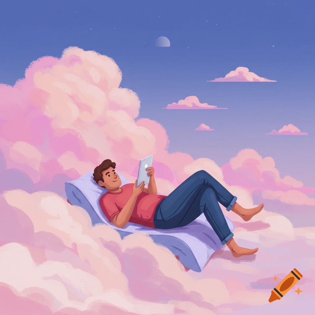 Stylized illustration of a person lounging on pink clouds, reading a tablet.