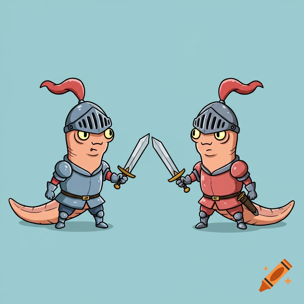 Two cartoon worms in armor fighting with swords.