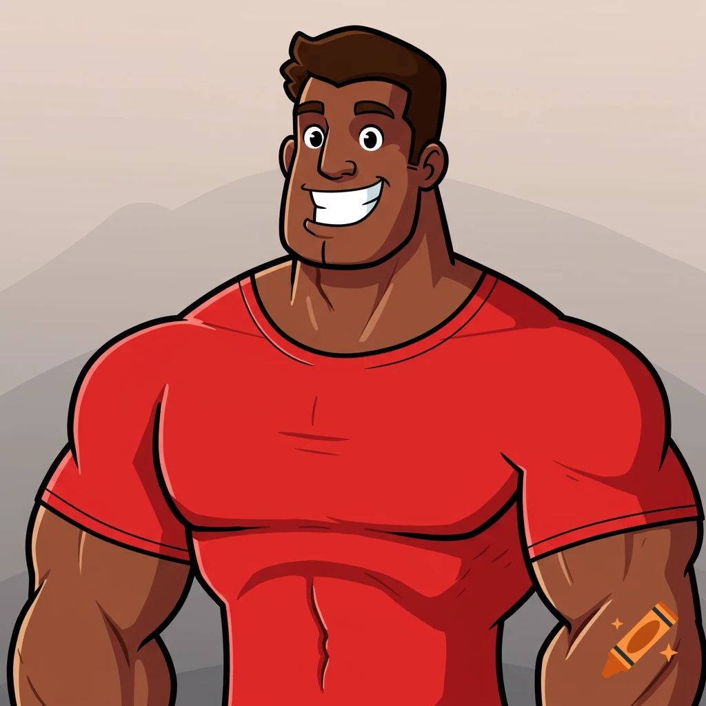 A cartoon of a muscular dark-skinned man with short brown hair smiling in a red t-shirt.
