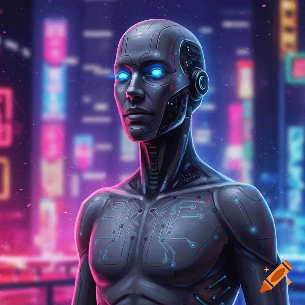A close-up of a robotic figure with glowing blue eyes in a futuristic city setting.