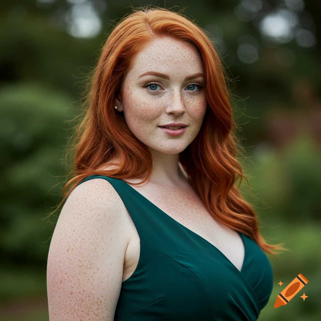 Portrait of a woman with red hair, blue eyes, and freckles wearing a green dress.