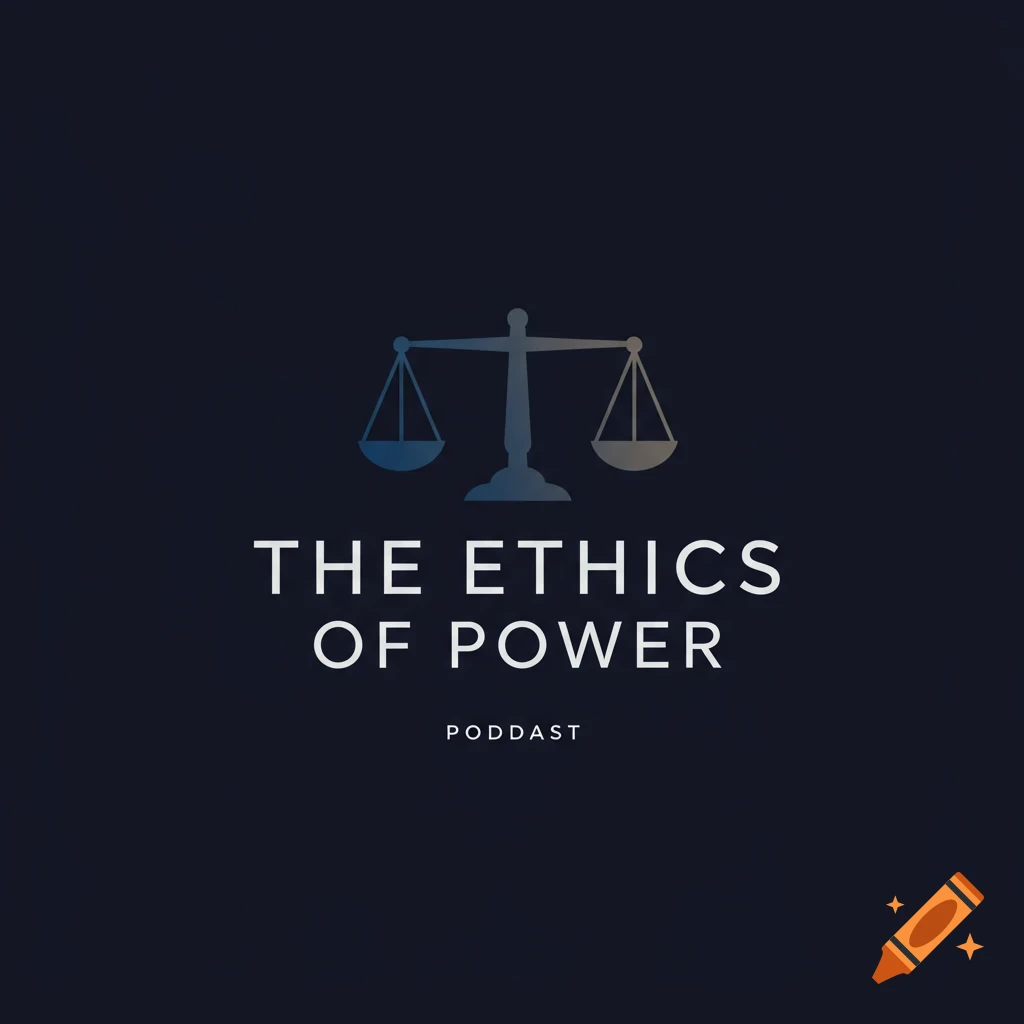 A logo for a podcast featuring scales of justice above the text 'THE ETHICS OF POWER PODCAST'.