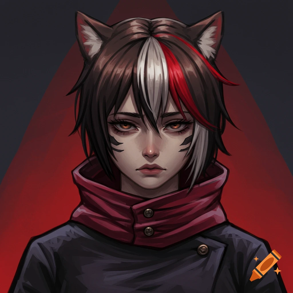 A portrait of a person with cat ears, brown hair with white and red streaks, and facial markings.